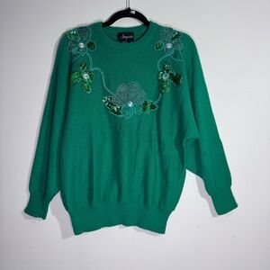 Vintage 80s Angenie Beaded Sequin Sweater Green Floral Hong Kong L